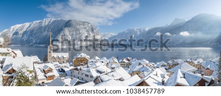 Panoramic view of famous Hallstatt lakeside town in the Austrian Alps on a beautiful cold sunny day with blue sky and clouds in winter, Salzkammergut, Upper Austria region, Austria Stock fotó © 