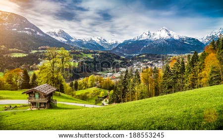 Panoramic View Of Beautiful Mountain Landscape In The Bavarian Alps ...