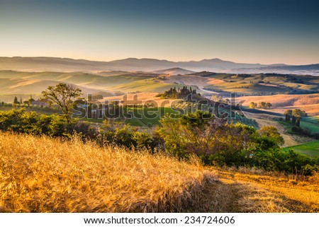 Scenic Tuscany landscape with rolling hills and harvest fields in golden morning light, Val d\'Orcia, Italy