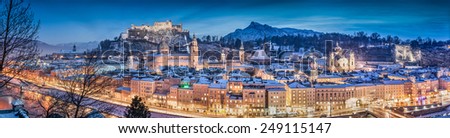 Panoramic view of the historic city of Salzburg with Hohensalzburg Fortress in winter at blue hour, Salzburger Land, Austria
