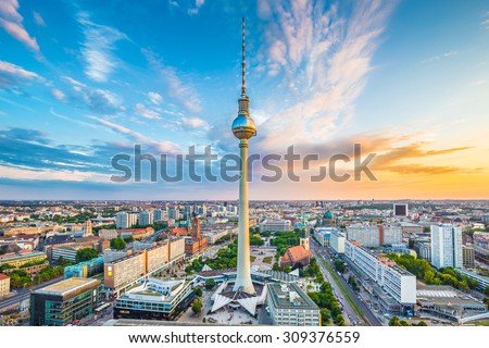 Similar – Image, Stock Photo Berlin television tower at Alexanderplatz and street lamp in historical style parallel and reflecting the sunlight against the blue sky with partly light cloud cover