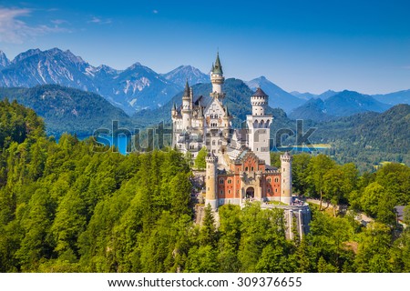 Beautiful view of world-famous Neuschwanstein Castle, the 19th century Romanesque Revival palace built for King Ludwig II, with scenic mountain landscape near Fussen, southwest Bavaria, Germany