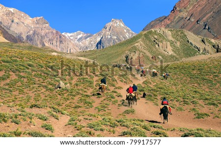 Panoramic view of a group of hikers trekking in a mountain valley in the Andes, Argentina, South America