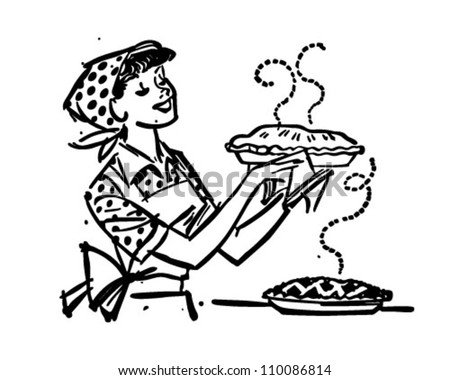 Mom With Fresh Baked Pies – Retro Clipart Illustration
