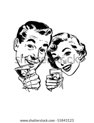 Couple With Cocktails Toasting - Retro Clip Art