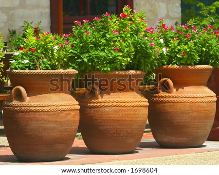 A Collection Of Three Clay Pots In San Antonio, Texas Stock Photo ...