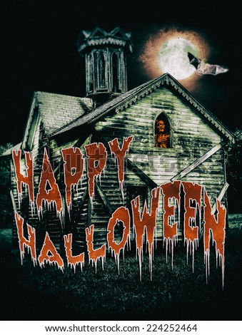 Haunted Halloween House 2 with text. An old Halloween haunted house with a skeleton in the window and the text, \
