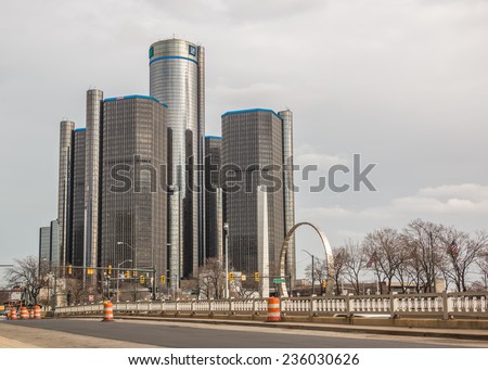 DETROIT, MICHIGAN - NOV 28 2014: The GM Renaissance Center buildings in downtown Detroit, Michigan on a cold Autumn day.