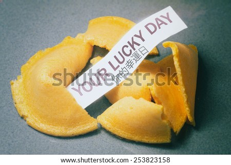 Fortune Cookie Your Lucky Day. A cracked open fortune cookie from a Chinese restaurant with the phrase, \