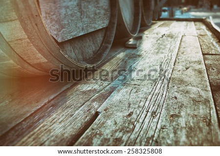 Barrel Casks Wood. Old barrel liquor casks outdoors during winter, wood with copy space. Slight vintage filter added.