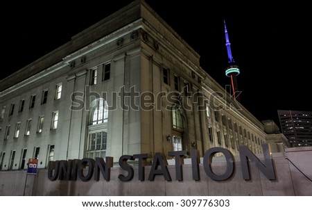 TORONTO - AUG 8, 2015: Union Station as seen from the outside at night at Bay and Front streets in Toronto, Canada.