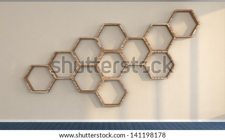 the wall in an abstract interior with hexagonal wooden shelves mounted on it