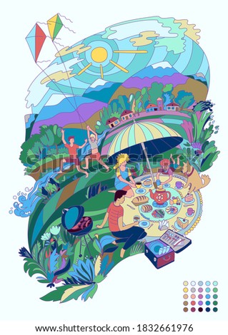 Conceptual modern style vector illustration with family having a party outdoors, stylish limited number of colors