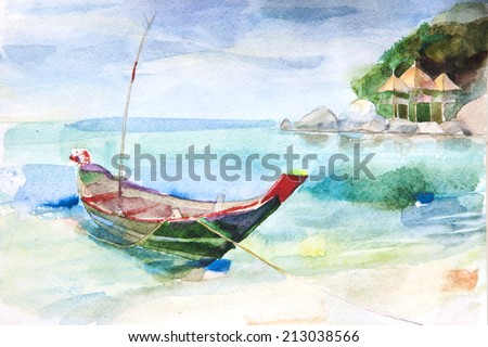 hand drawn watercolor landscape with tropical sea and boat