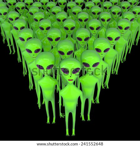crowd of green glossy aliens isolated on black