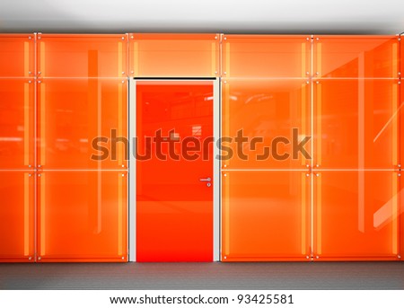 orange door in glass wall
