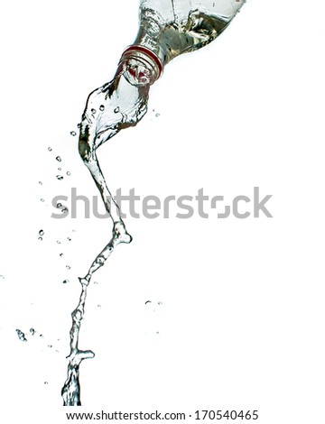 Close up of plastic bottle pouring water isolated on white