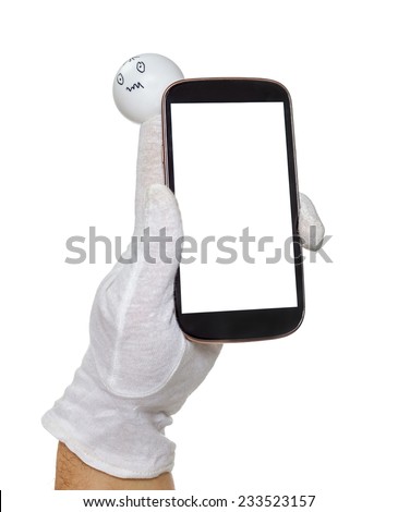 Finger puppet holding smart phone with white display isolated over white