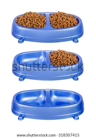 Full with cat food and empty pet bowls  isolated over white background