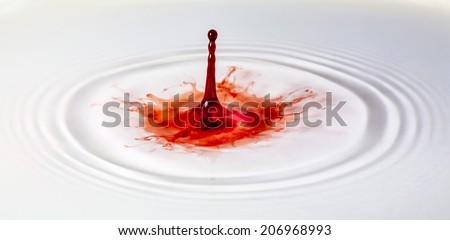 A single red paint drop lands in a shallow pool of water, creating a colorful splash.