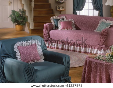Room set shot in studio, couch chair and stairs country look and feel