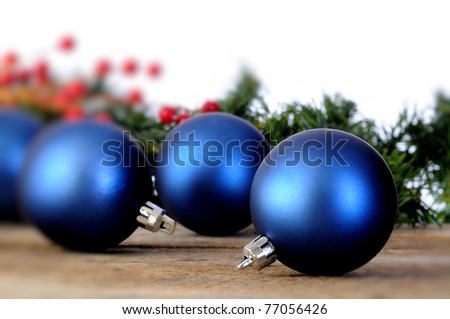 Blue Christmas balls on an old vintage table