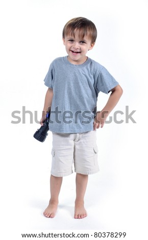 Adorable 3 To 4 Year Old Boy Standing With Flashlight Isolated On White ...