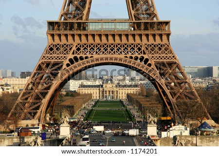 Closeup view on the first floor of the Eiffel tower - Paris, France