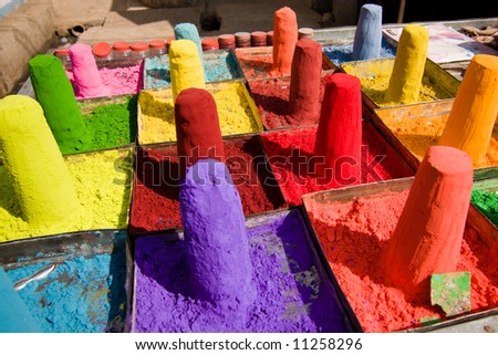 Powder pigments used for hindu festivals - Pushkar, Rajasthan, India