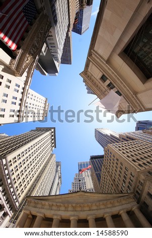 Fish-eye view of Wall Street buildings - New York City, USA