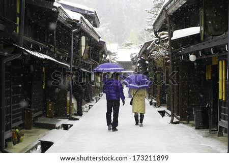 TAKAYAMA,JAPAN-JANUARY 19:Takayama in the snow a city which retains a traditional touch like few other Japanese, especially in its beautifully preserved old town on JANUARY 9,2014 in Takayama,Japan