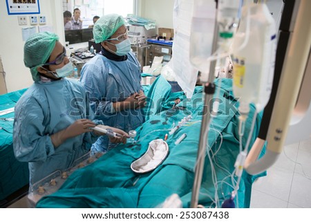 BANGKOK,Thailand-February:16, 2015:The doctor and staff are treating with Angiography,this is a medical imaging technique used to visualize the inside of blood vessels