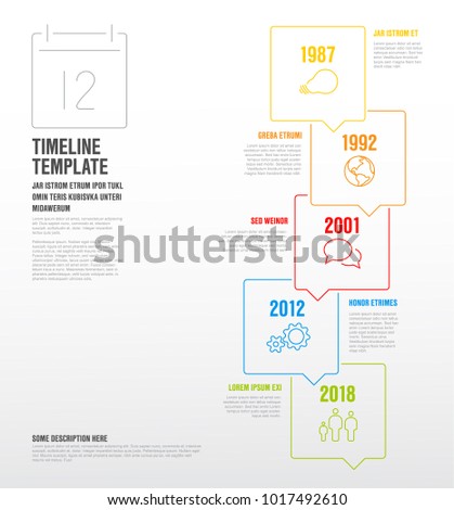 Vector Infographic vertical timeline template made from thin line bubbles and icons