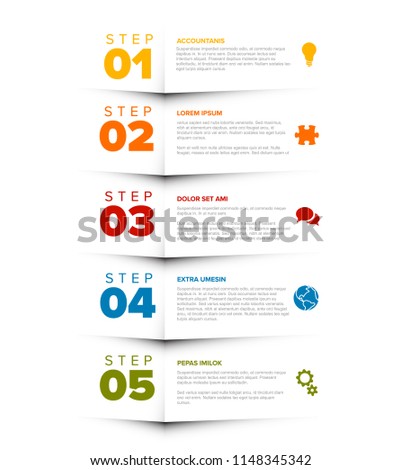 Vector five steps progress template with descriptions and icons - vertical version