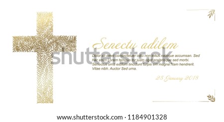 Funeral card template with golden cross made from leafs on white background