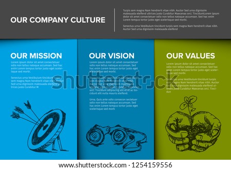 Company profile template - corporation main information presentation with mission, vision and values statement