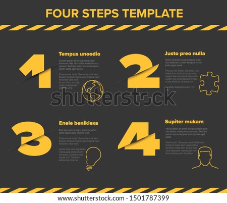 Vector modern four steps progress template with descriptions and icons - dark version with yellow cropped numbers