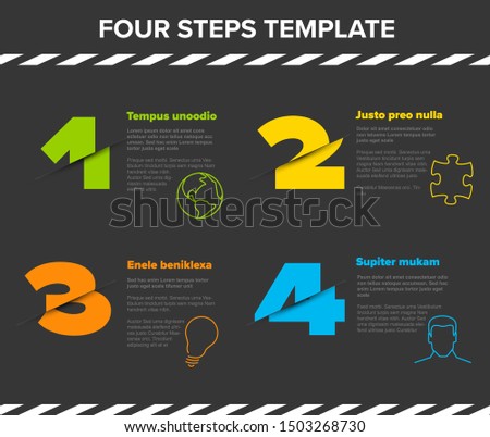 Vector modern four steps progress template with descriptions and icons - dark version with cropped numbers