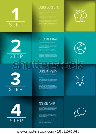Multipurpose mosaic four steps infographic made from green and blue content squares with icons numbers and texts
