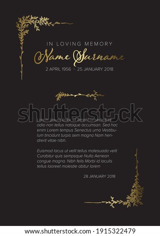 Funeral condolence death notice card template with handdrawn golden floral elements - gold black version