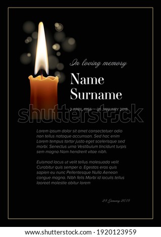 Black funeral condolence death notice card template with burning candle in the corner