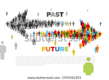 Two arrows made from people icons pointing forward to the future and backward to the past. Moment crossing concept illustration with past and future arrows.