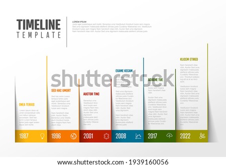 Vector Infographic Company Milestones Colorful Timeline Template made from pages corners with color border and icons. Colorful time line with years 
