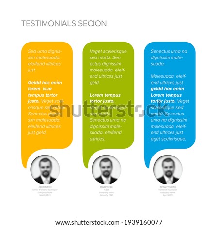 Simple light minimalistic testimonial review section layout template with three vertical testimonials, photo placeholders, quotes and colorfull speech bubbles with review text