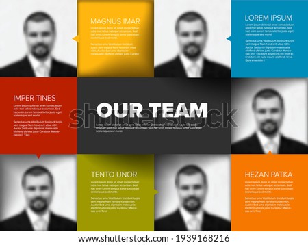 Company team color mosaic presentation template with team profile photos placeholders and some sample text about each team member - solid mosaic version with simple arrows