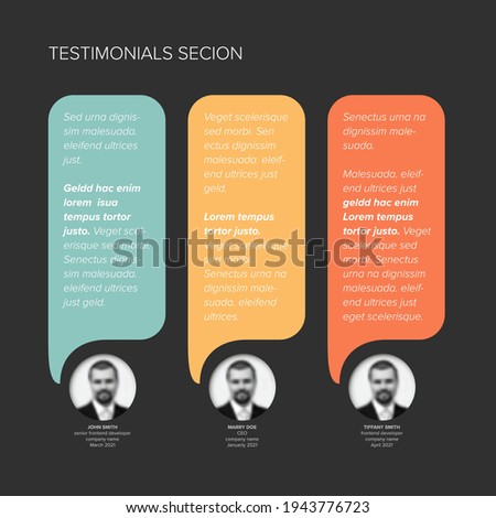 Simple dark minimalistic testimonial review section layout template with three vertical testimonials, photo placeholders, quotes and color speech bubbles with review text