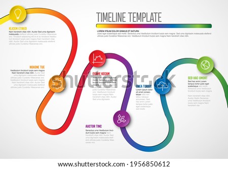 Vector Infographic Company Milestones curved Timeline Template. Light time line templat version with circles. Thin Color Timeline with curves, icons and text content