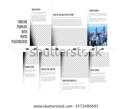Vector simple infographic time line template with rectangle photo placeholders. Business company timeline overview profile with photos and text blocks. Multipurpose photo timeline infograph infochart