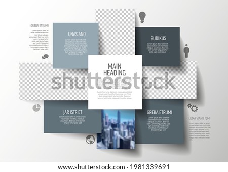 Vector simple multipurpose infographic template with rectangle photo placeholders icons and text blocks. Business company overview profile with photos and solid color blocks. 