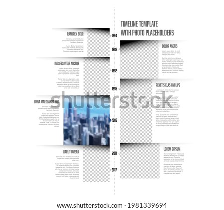 Vector simple infographic vertical time line template with rectangle photo placeholders. Business company timeline overview profile with photos and text blocks. Multipurpose photo timeline infograph 